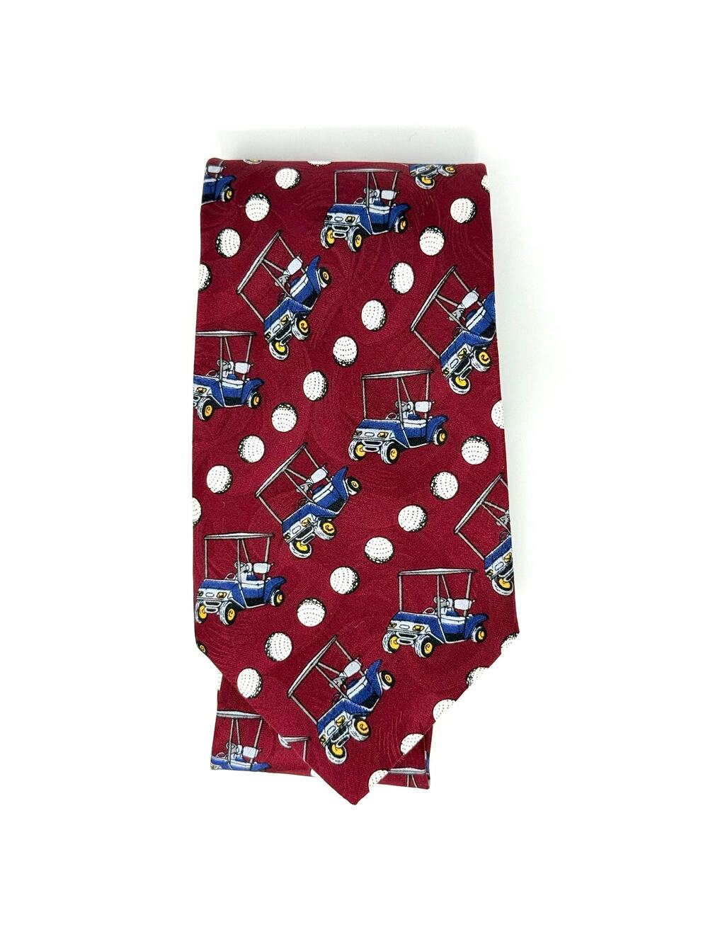 Vintage 90s Golf Red Tie Silk Golf Cart Golf Ball Print Made in USA Barry Wells
